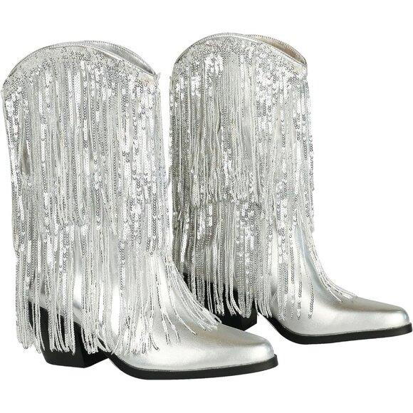 Women's Silver Leather Like Thick Heeled Tassels & Sequins Pointed Booties - Picture 2 of 6